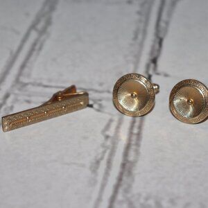 🏛️✨ Vintage Gold Greek Key Cufflink & Tie Clip Set by Anson